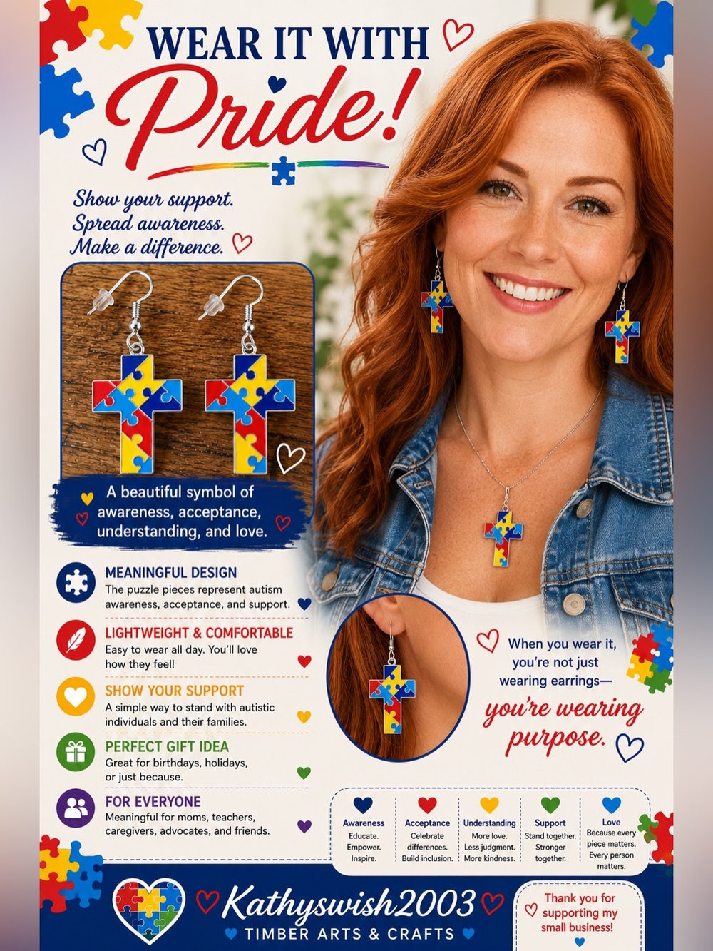 Autism Awareness Cross Puzzle Earrings - Picture 2 of 16